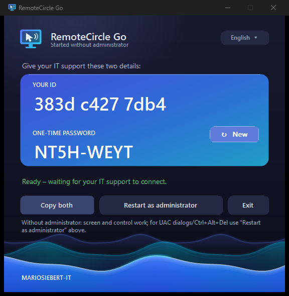 RemoteCircle Go: ID and one-time password for ad-hoc help