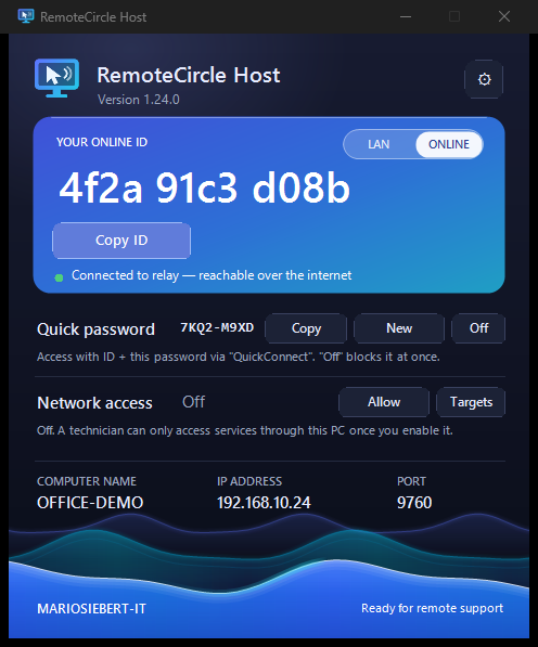 RemoteCircle Host – status window with online ID, LAN/online toggle, quick password and network access