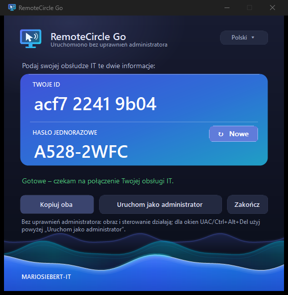 RemoteCircle Go: ID i hasło jednorazowe do szybkiej pomocy