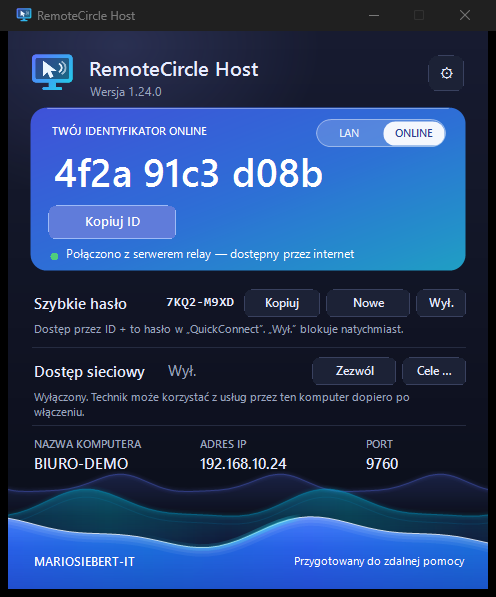 RemoteCircle Host – okno stanu z identyfikatorem online, przełącznikiem LAN/Online, szybkim hasłem i dostępem sieciowym