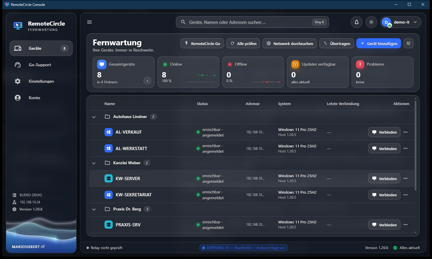 RemoteCircle Console: Geräteliste mit Übersichtskarten, Kundenordnern und Live-Status