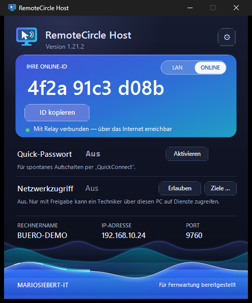 RemoteCircle Host – Statusfenster mit Online-ID, LAN/Online-Umschalter, Quick-Passwort und Netzwerkzugriff